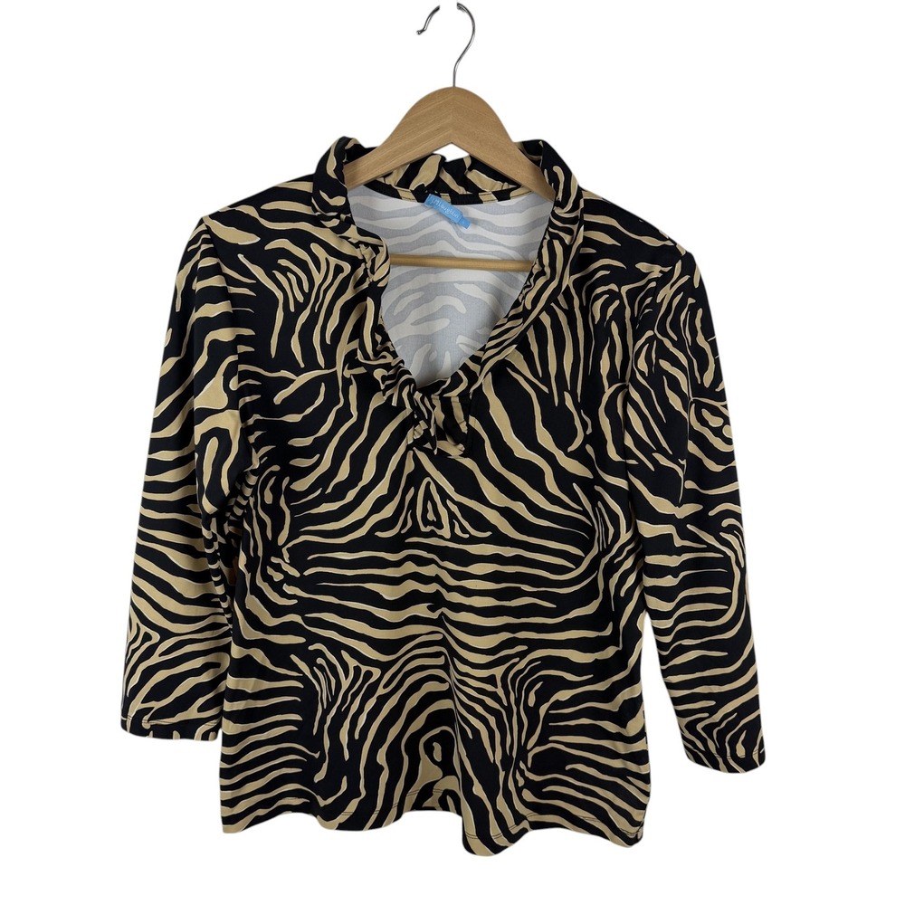 J McLaughlin Zebra Print Ruffle Neck Blouse Large Catalina Cloth Stretch Safari